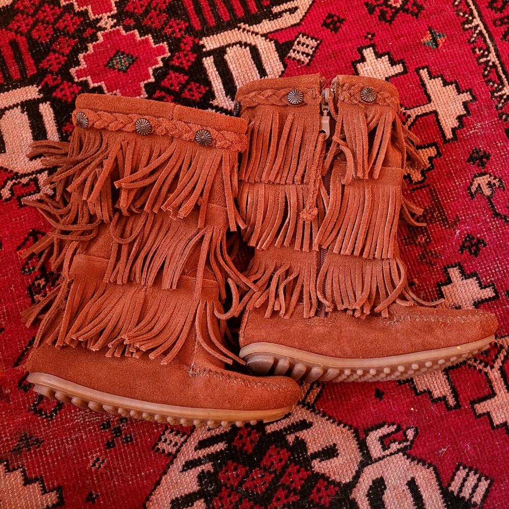 Minnetonka Fringe Brown Leather Boots Tall Girla Sz 12